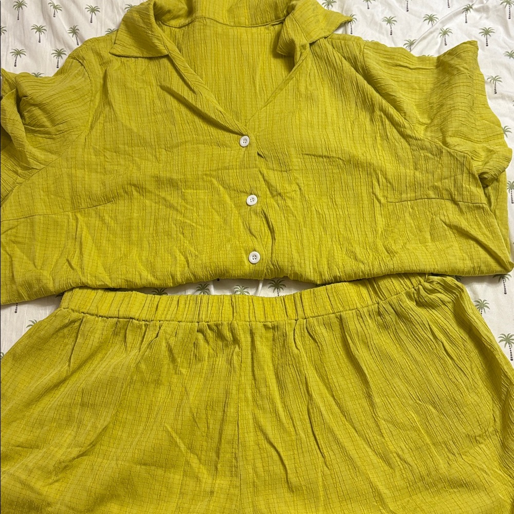 Lime Green Button-Up Top and Shorts Set
